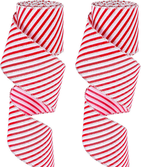 2 Rolls Christmas Peppermint Stripe Ribbon Red and White Wired Edge Candy Cane Peppermint Ribbon for Christmas Tree Wreath Bow DIY Craft Home Deco...