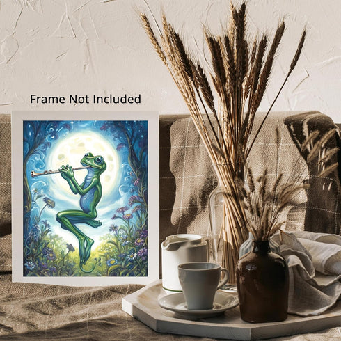 Posterizer 1 pcs-whimsical forest scene-frog playing music 4-Art for Animal Lovers-Fantasy & Fiction Art-Gift for Daughter, Son, Kids- unframed wa...