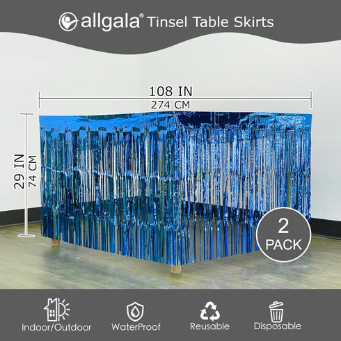 allgala Blue Tinsel Table Skirt 2-Pack 29x108 Inch Metallic Foil Fringe Table Skirts for Party Event, Parade Float, Party Decoraton...