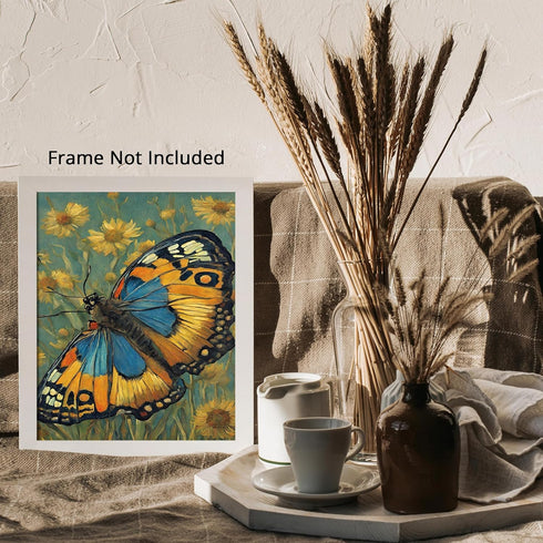 Posterizer 1 pcs- yellow and blue butterfly on wild white flowers-Art for Animal Lovers-Gift for Art Lovers-Living Room Bedroom Decor- unframed wa...