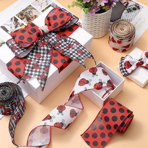 WILLBOND 4 Rolls 2.5 Inch x 24 Yard Ladybugs Ribbons Ladybug Wired Ribbon Red Polka Dot Wired Edge Ribbon for Ladybug Party Decoration...