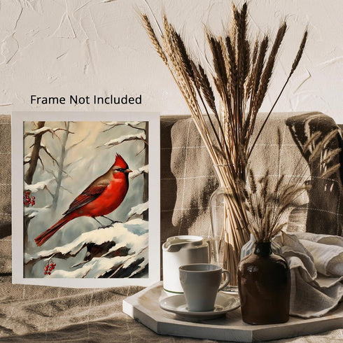 Posterizer 1 pcs-little bird in snowy winter scene-oil painting style -3-Art for Animal Lovers-Landscape & Nature Art-Decor for Home & Office- unf...