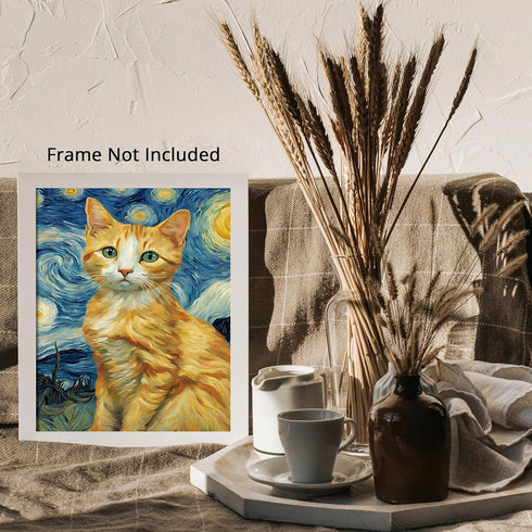Posterizer 1 pcs- cute orange cat with starry night inspired background-Art for Animal Lovers-Gift for Art Lovers-Living Room Bedroom Decor- unfra...