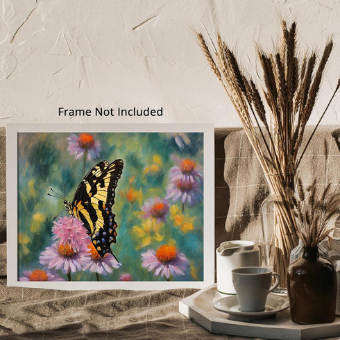 Posterizer 1 pcs- black and yellow butterfy on pink dainty flower-Art for Animal Lovers-Landscape & Nature Art- Living Room Bedroom Decor- unframe...
