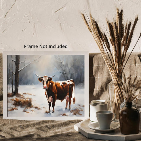Posterizer 1 pcs-cute cow in snowy winter scene-oil painting style-2-Art for Animal Lovers-Landscape & Nature Art-Decor for Home & Office- unframe...