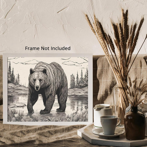Posterizer 1 pcs- Black and white print of a Grizzly bear in nature-Art for Animal Lovers-Landscape Nature Art- Gift for Nature Beach Lovers-Decor...