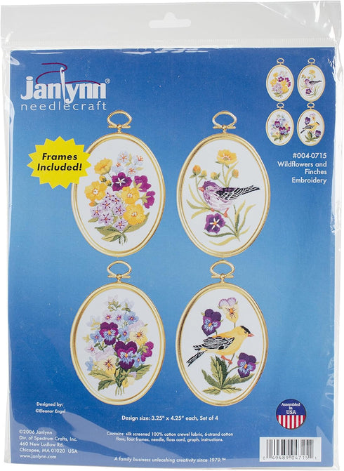 Janlynn Embroidery Kit 3.25"X4.25" Set of 4, Wildflowers & Finches-Stitched in Floss...