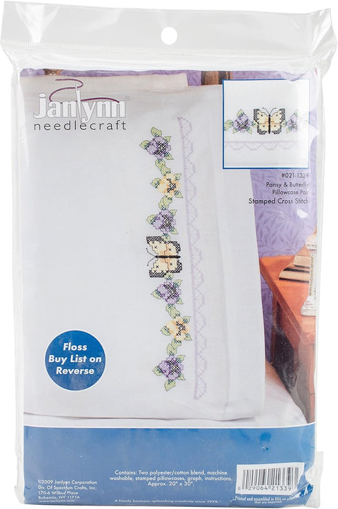 Janlynn Stamped Cross Stitch Kit, Pansy & Butterfly Pillowcase Pair...