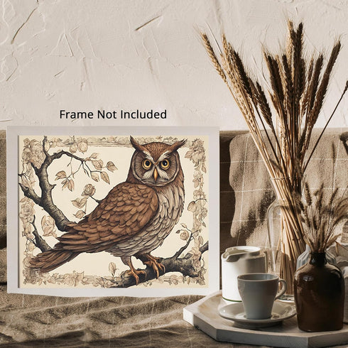 Posterizer 1 pcs- Brown owl sitting on a tree with brown background-Art for Animal Lovers-Floral Botanical Art- Gift for Men Women Teens-Living Ro...