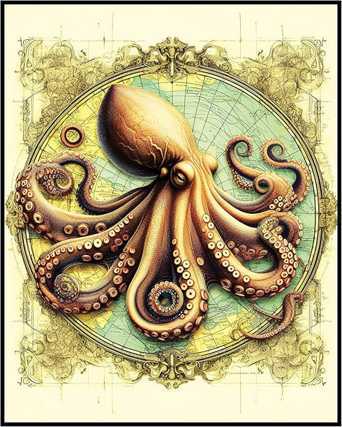 Posterizer 1 pcs-Octopus on World Map Print-Art for Animal Lovers-Retro Art- Gift for Men Women Entrepreneur Teens-Living Room Bedroom Decor- unfr...