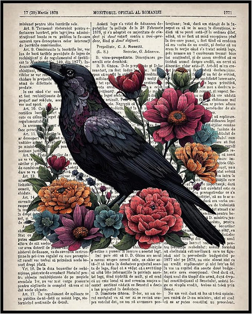 Posterizer 1 pcs-Raven , Crow , Roses , Flowers-Gothic Occult Print-Art for Animal Lovers-Floral Botanical Art-Gift for book lovers-Living Room Be...