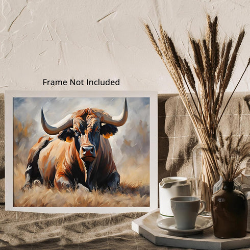 Posterizer 1 pcs- brown bull laying on the ground oil painting style-Art for Animal Lovers- Gift for Men Women Entrepreneur Teen-decor for Bedroom...