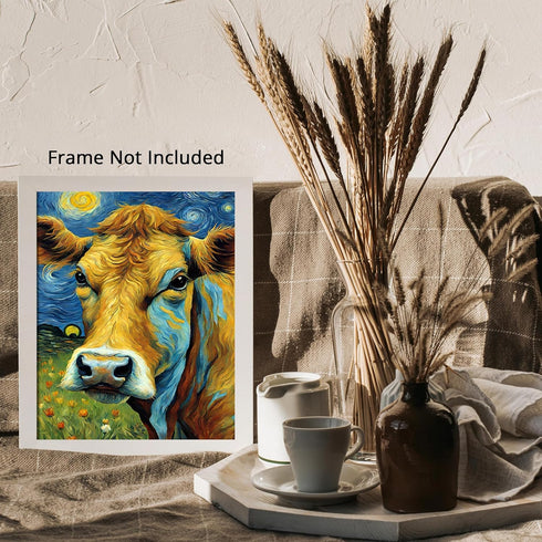 Posterizer 1 pcs- cute cow with starry night inspired background-Art for Animal Lovers-Gift for Art Lovers-Living Room Bedroom Decor- unframed wal...