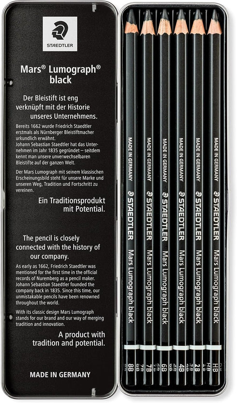 Staedtler Mars Lumograph Black, Carbon Blend Provides Jet Black Lines, Professional Art Pencils, Tin of 6 Assorted Black Sketch Pencils, 100B G6...