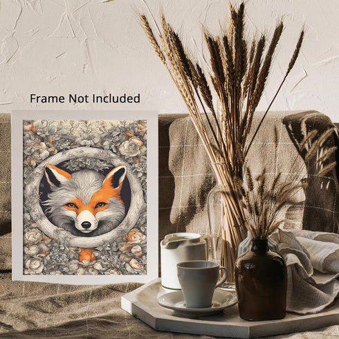 Posterizer 1 pcs- Red and gray fox in a circular frame next to flowers-Art for Animal Lovers-Abstract & Modern Art- Gift for Men Women Teens-Livin...