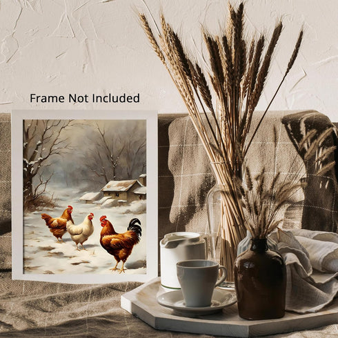 Posterizer 1 pcs-chicken in snowy winter scene-oil painting style -1-Art for Animal Lovers-Landscape & Nature Art-Decor for Home & Office- unframe...