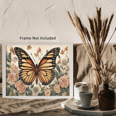 Posterizer 1 pcs- Beautiful brown butterfly next to wild Pink flowers-Art for Animal Lovers-Floral Botanical Art- Gift for Men Women Teens-Living ...