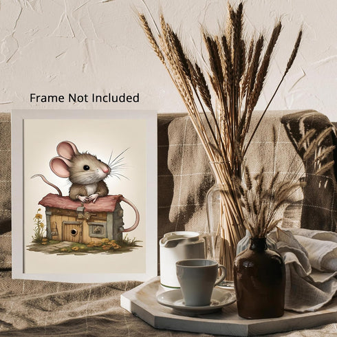 Posterizer 1 pcs- Cute mouse leaning on a tiny house-Art for Animal Lovers-Kids Room Art-Gift for Daughter, Son, Kids-Decor for nursery toddlers k...