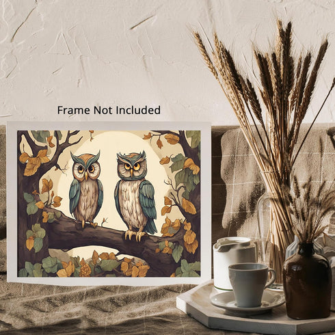 Posterizer 1 pcs- Two blue and white owls sitting on a tree in Autumn-Art for Animal Lovers-Floral Botanical Art- Gift for Men Women Teens-Living ...