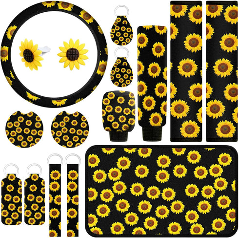 16 Pieces Sunflower Car Accessories Set Steering Wheel Cover Armrest Pad Gear Knob Cover Handbrake Cover Seat Belt Cover Cup Holder Vent Decoratio...