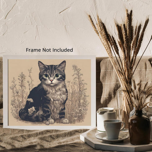 Posterizer 1 pcs- Black and white cat in the middle of flowers-Art for Animal Lovers-Floral Botanical Art-Gift For Animal Lovers-Living Room Bedro...
