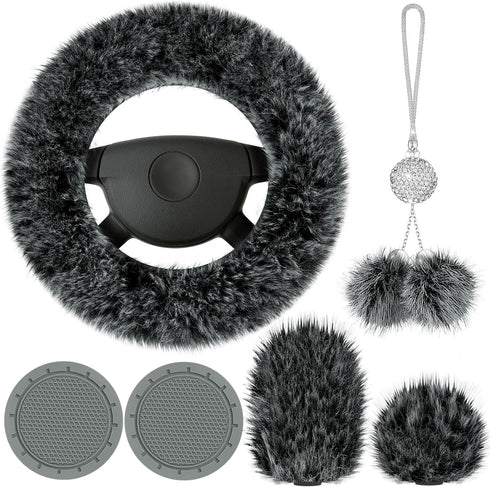 Frienda 6 Pieces Fluffy Car Accessories Set Fluffy Steering Wheel Cover Soft Fuzz Handbrake Cover Gear Shift Cover Bling Car Mirror Fuzz Car Decor...