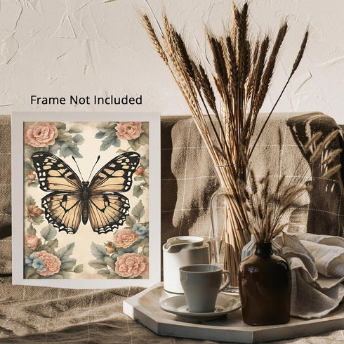 Posterizer 1 pcs- Yellow butterfly and pink pretty flowers-Art for Animal Lovers-Floral Botanical Art-Gift for Men Women Teens-Living Room Bedroom...