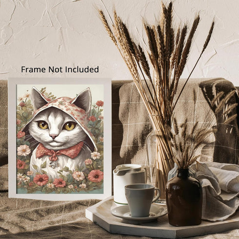 Posterizer 1 pcs- Cute white cat with white clothes on in between flowers-Art for Animal Lovers-Floral Botanical Art- Gift for Men Women -Living R...