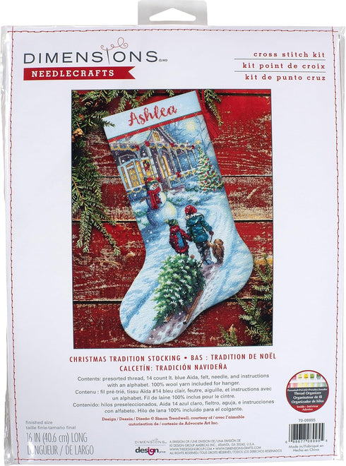Dimensions 70-08995 Holiday Tradition DIY Personalizable Christmas Cross Stitch Stocking Kit, 16" L, 14 Count Light Blue Aida, Various...