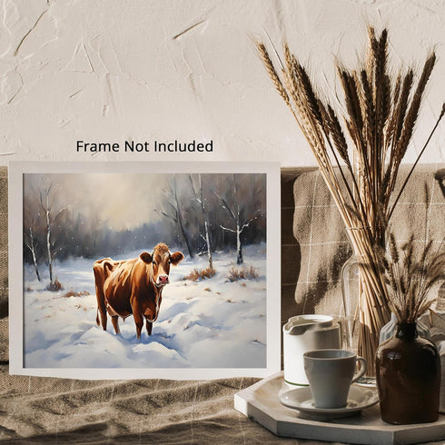 Posterizer 1 pcs-cute cow in snowy winter scene-oil painting style-3-Art for Animal Lovers-Landscape & Nature Art-Decor for Home & Office- unframe...