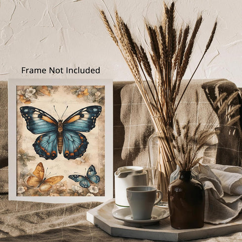 Posterizer 1 pcs- Three blue and yellow butterflies on wild flowers-Art for Animal Lovers-Floral Botanical Art- Gift for Men Women Teens-Living R...
