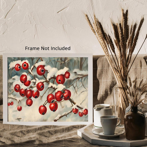 Posterizer 1 pcs-berries in snowy winter scene-oil painting style -5-Art for Animal Lovers-Landscape & Nature Art-Decor for Home & Office- unframe...