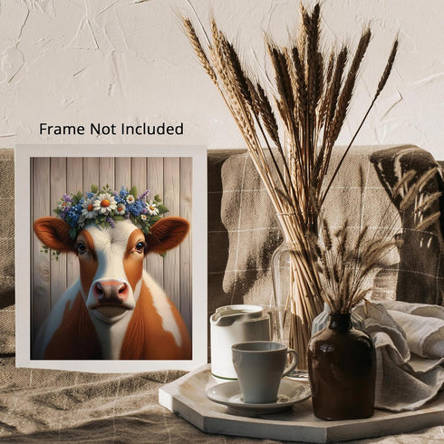 Posterizer 1 pcs-Cow Picture with Flower Crown-Farmhouse Print-Art for Animal Lovers-Floral Botanical Art-Gift For Animal Lovers-Living Room Bedro...