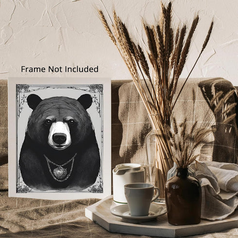 Posterizer 1 pcs- black and white theme-bear wearing necklace-Gothic Art-Art for Animal Lovers- Living Room Bedroom Decor- unframed wall art...