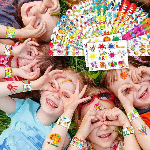 48PCS Art Party Favors 24PCS Tattoos 24PCS Slap Bracelets Wristbands Themed Birthdays Party Supplies Decorations Decor Artistry Painting Creativit...