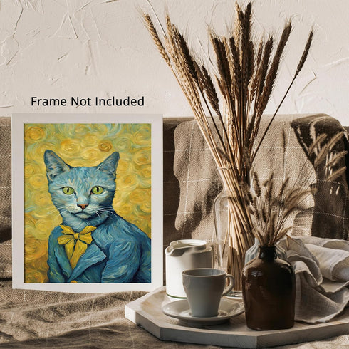 Posterizer 1 pcs- Blue cat with clothes on and a yellow background-Art for Animal Lovers-Comedy Art- Gift for Men Women Entrepreneur Teens-Decor f...