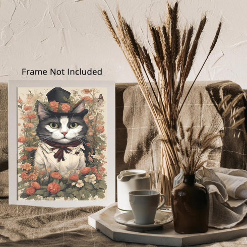 Posterizer 1 pcs- Cute black and white cat in the middle of red flowers-Art for Animal Lovers-Floral Botanical Art- Gift for Men Women Teens-Livin...