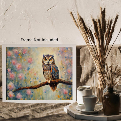 Posterizer 1 pcs- beautiful owl sitting on a tree with wild flowers around-Art for Animal Lovers-Landscape & Nature Art- Living Room Bedroom Decor...