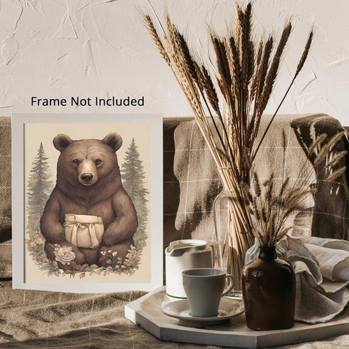 Posterizer 1 pcs- Grizzly bear with a white bag sitting on flowers-Art for Animal Lovers-Abstract & Modern Art- Gift for Men Women Teens-Decor fo...