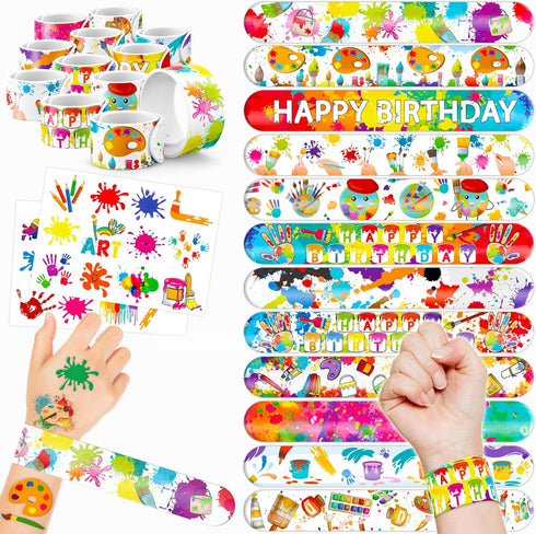 48PCS Art Party Favors 24PCS Tattoos 24PCS Slap Bracelets Wristbands Themed Birthdays Party Supplies Decorations Decor Artistry Painting Creativit...
