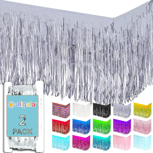 Allgala Silver Tinsel Table Skirt 2-Pack 29x108 Inch Metallic Foil Fringe Table Skirts for Party Event, Parade Float, Party Decoraton...