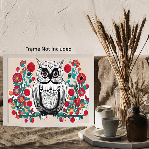 Posterizer 1 pcs- cute fluffy owl with abstract flowers-Art for Animal Lovers-Abstract & Modern Art- Living Room Bedroom Decor- unframed wall art...