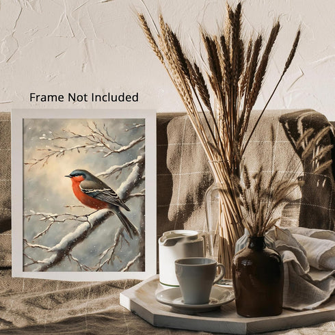Posterizer 1 pcs-little bird in snowy winter scene-oil painting style -8-Art for Animal Lovers-Landscape & Nature Art-Decor for Home & Office- unf...