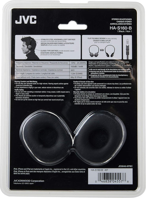 JVC Black Flat and Foldable Colorful Flats On Ear Headphone with 3.94 foot Gold Plated Phone Slim Plug HAS160B......