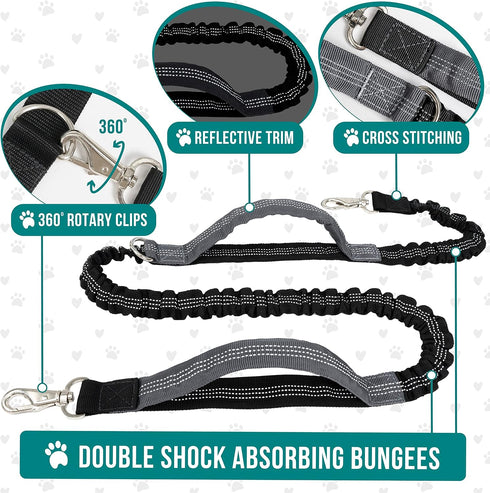 PetAmi Hands Free Dog Leash, Dog Running Leash Belt for Walking Jogging, Dog Waist Zipper Pouch Fanny Pack with Poop Bag Dispenser, Dual Padded Ha...