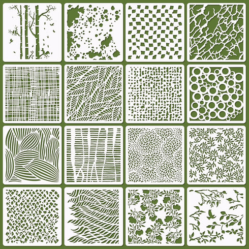 16 Pcs Layering Stencils for Painting, 6"x6" Mixed Texture Trees Flowers Leaves Dots Checkered Buffalo Crackle Splatter Stencils for Painting on C...