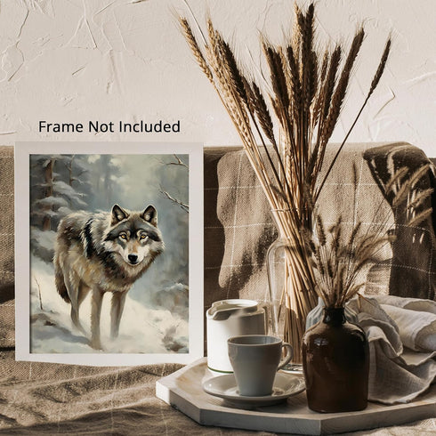 Posterizer 1 pcs-gray wolf in snowy wintery nature-oil painting style -9-Art for Animal Lovers-Landscape & Nature Art-Decor for Home & Office- unf...