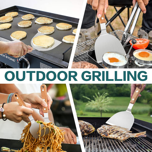 Metal Spatulas, HaSteeL Stainless Steel Griddle Spatula Turners with Wooden Handles, Professional Griddle Tools for Flat Top Teppanyaki Skillet Ca...