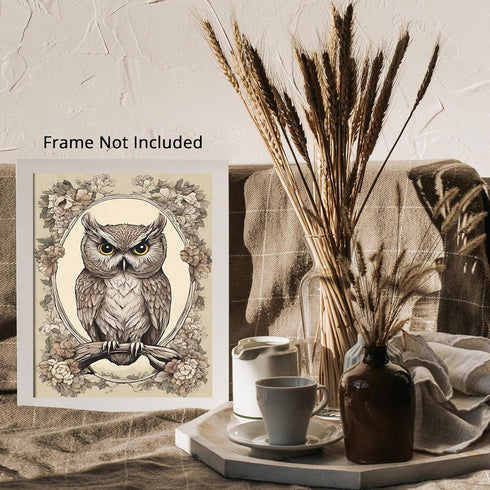 Posterizer 1 pcs- Brown owl in the middle of a beautiful frame-Art for Animal Lovers-Floral Botanical Art- Gift for Men Women Teens-Living Room B...