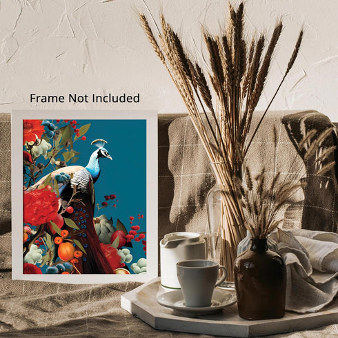Posterizer 1 pcs-beautiful peacock bird , fruits , flowers collage-Art for Animal Lovers-Landscape & Nature Art-Gift For Animal Lovers- UNFRAMED W...